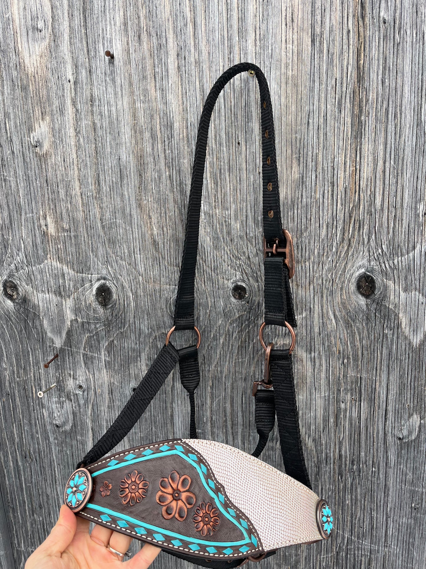 Metallic silver and turquoise buck stitch bronc halter