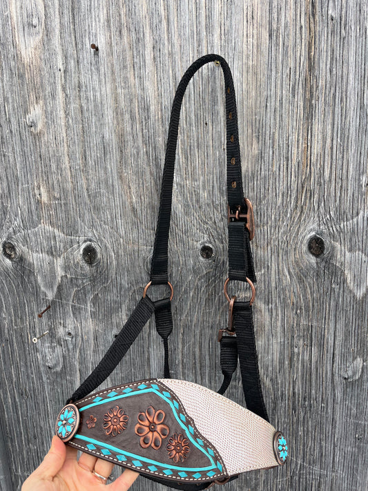Metallic silver and turquoise buck stitch bronc halter