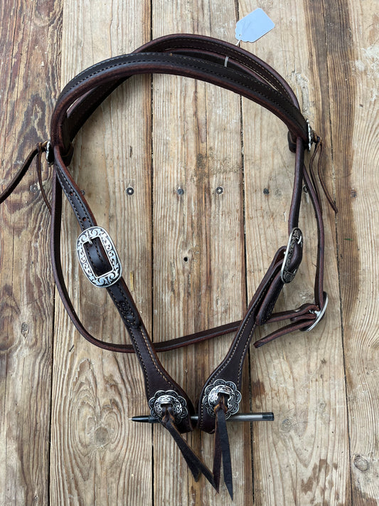 Straight browband supple leather headstall j watt hardware slot concho ends