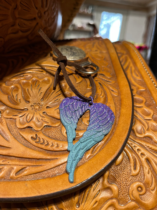 Teal purple Angel wing saddle charm