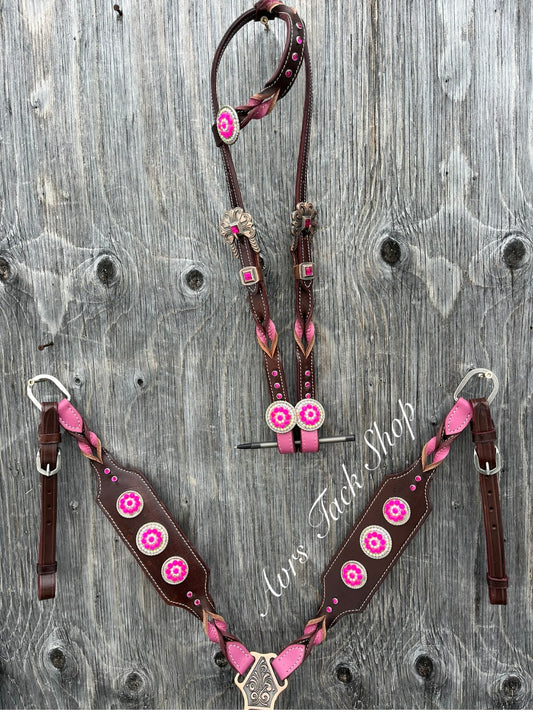 Pink braided bling concho one ear tack set