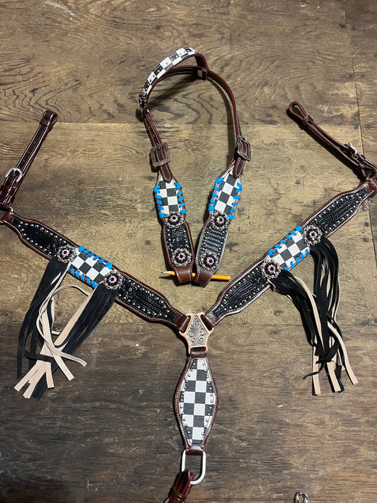 Black and white one ear checker tack set