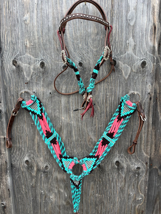 Pink and teal corded browband tack set