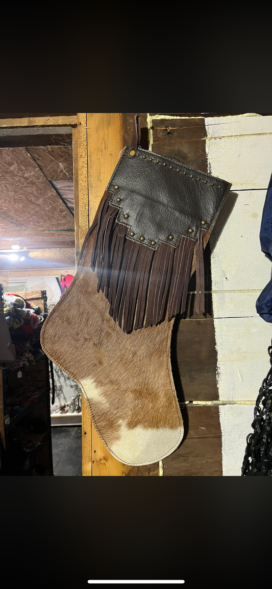 Cowhide stocking with fringe