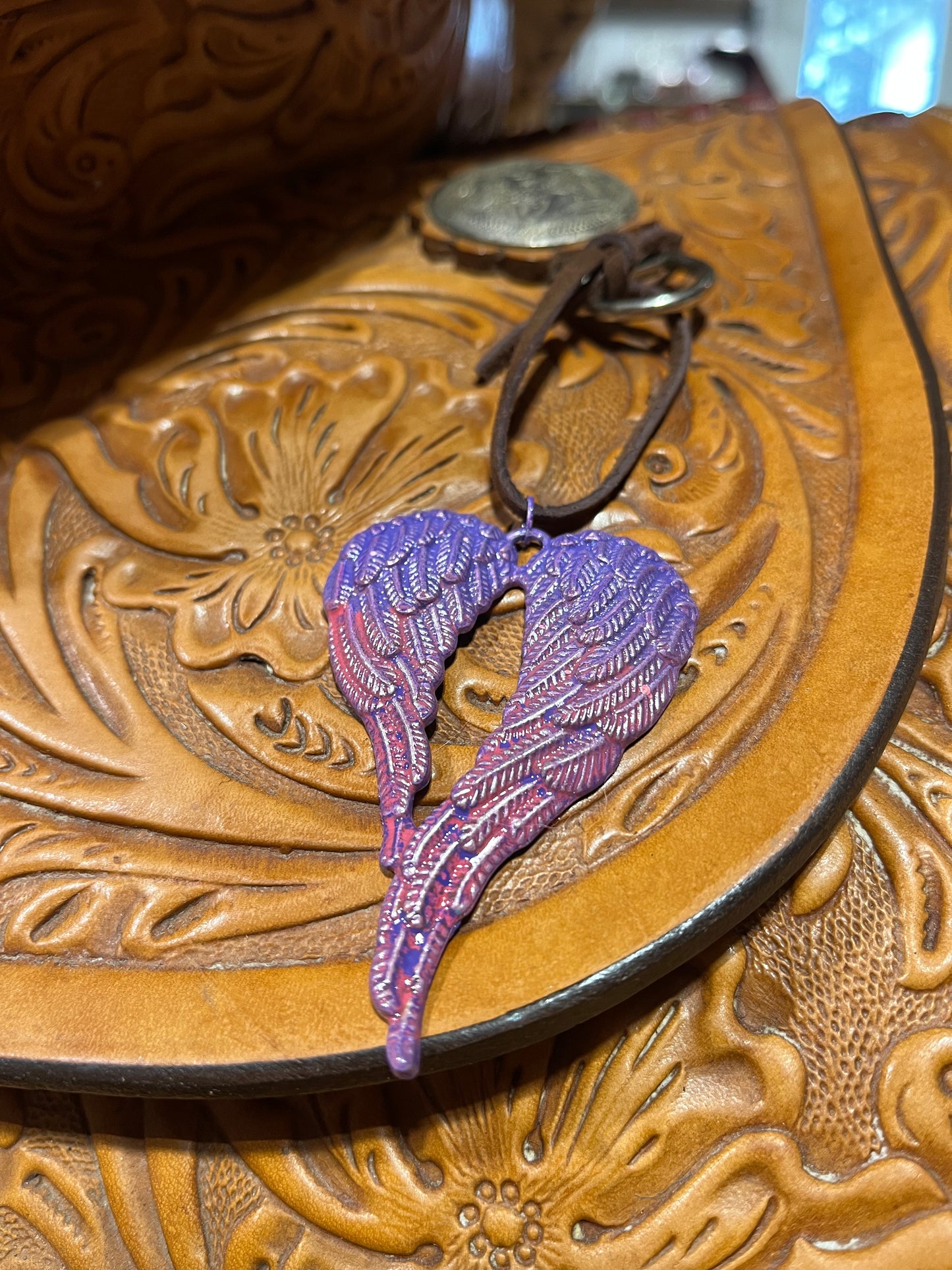 Purple and pink Angel wing saddle charm
