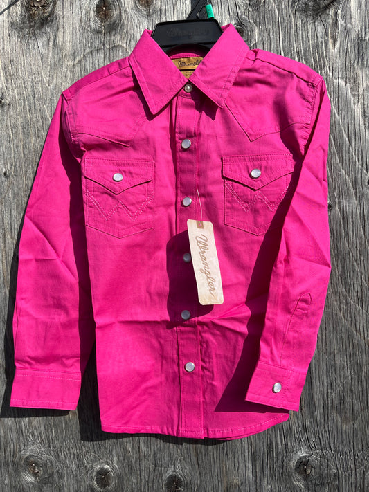 Wrangler Girls solid pink pearl snap button up