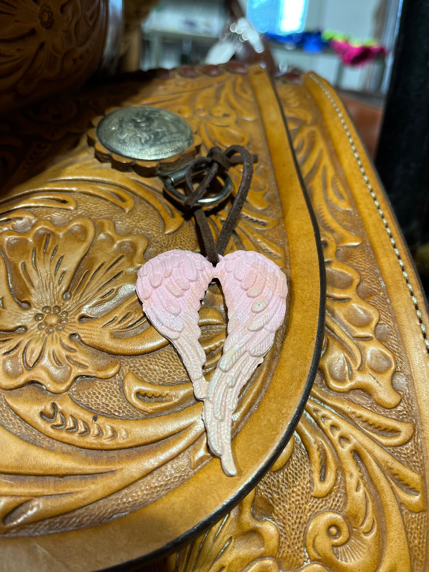 Pink saddle Angel wing charm