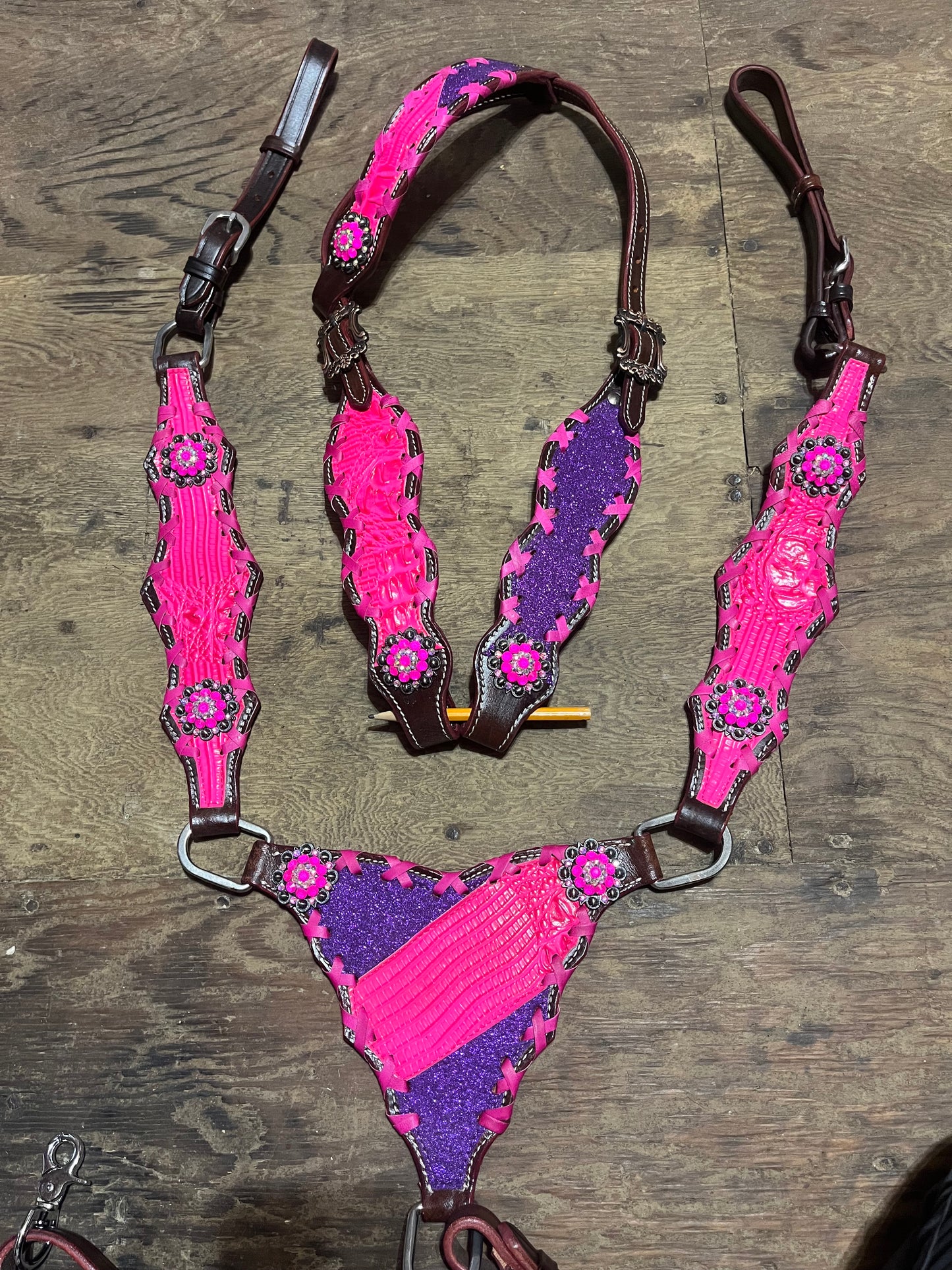 Pink and purple one ear gladiator tack set