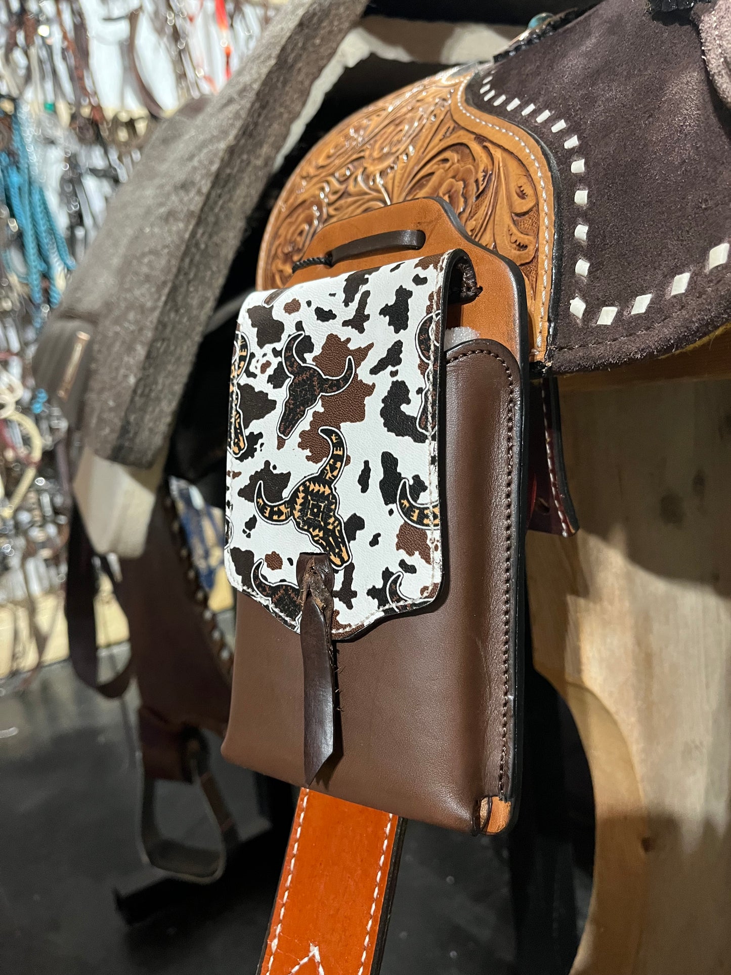 Cowprint leather rear cinch phone saddle bag
