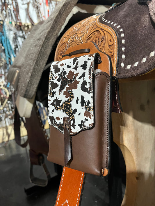 Cowprint leather rear cinch phone saddle bag