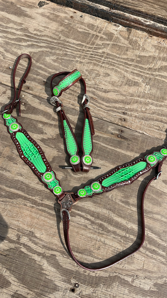 Green one ear tack set, fits full to large horses best. Tugs are removable if you want to replace with smaller ones for smaller horses.