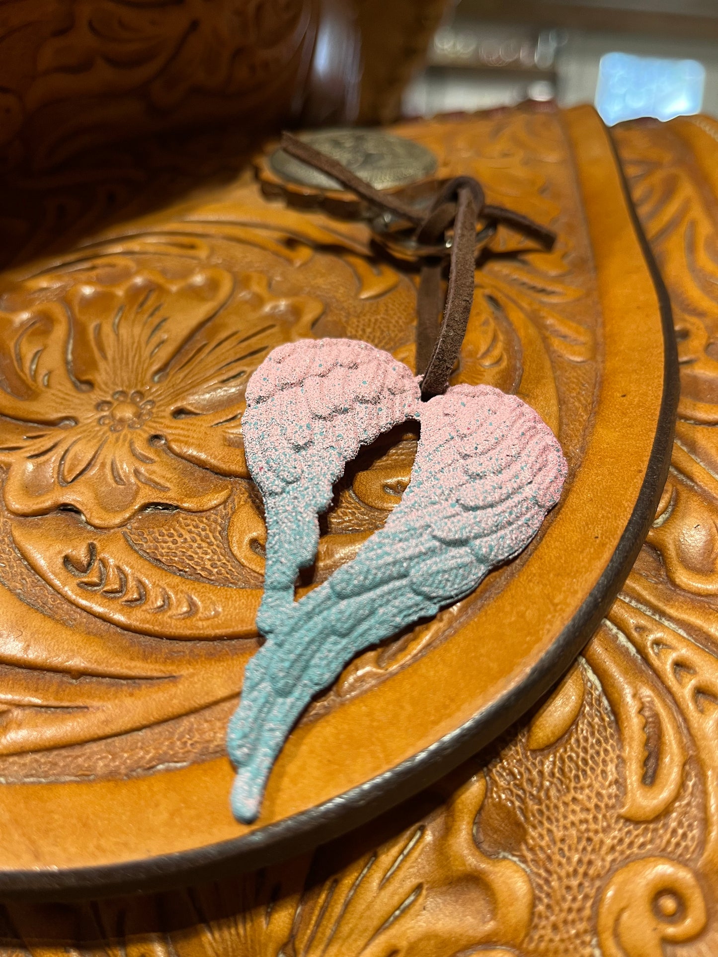 Pink and teal Angel wing saddle charm