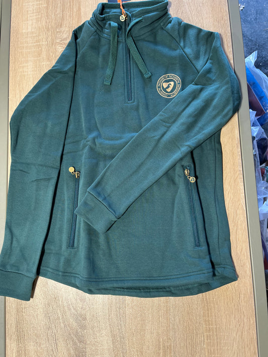 Green brushed fleece lined Aubrian horse logo quarter zip fall sweater