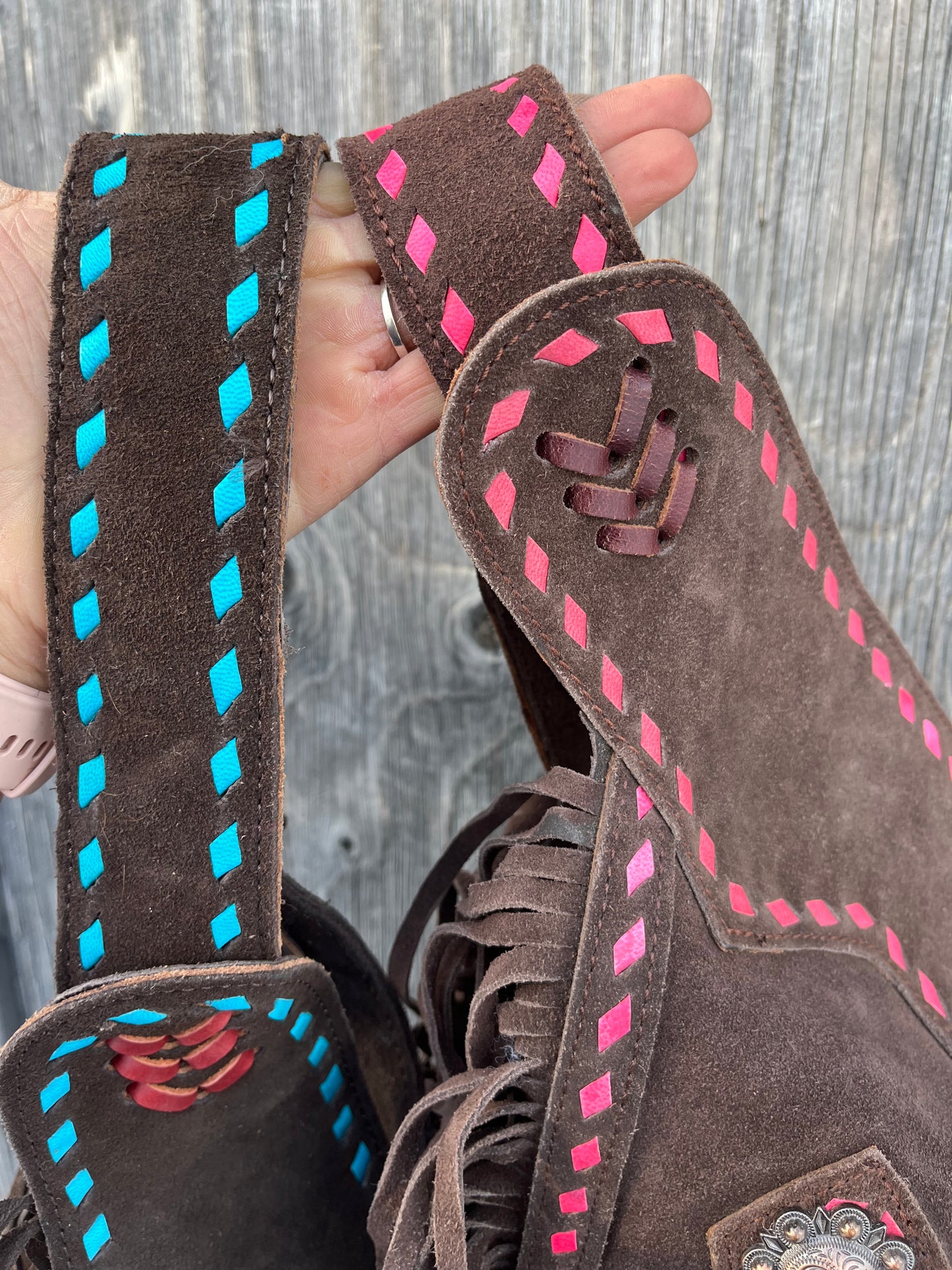Teal and pink buckstitch Chocolate suede chinks Roomy Medium / 36