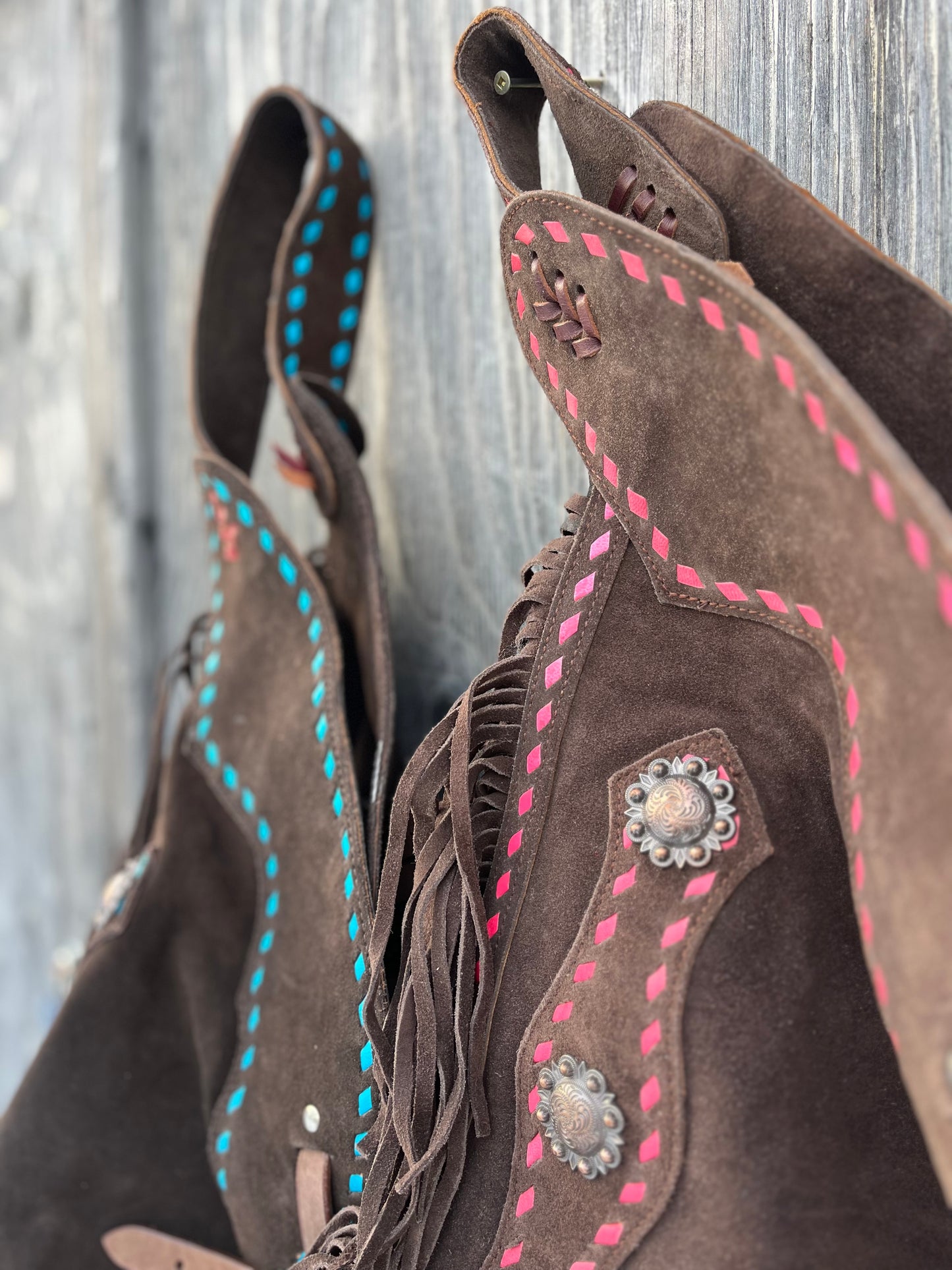 Teal and pink buckstitch Chocolate suede chinks Roomy Medium / 36