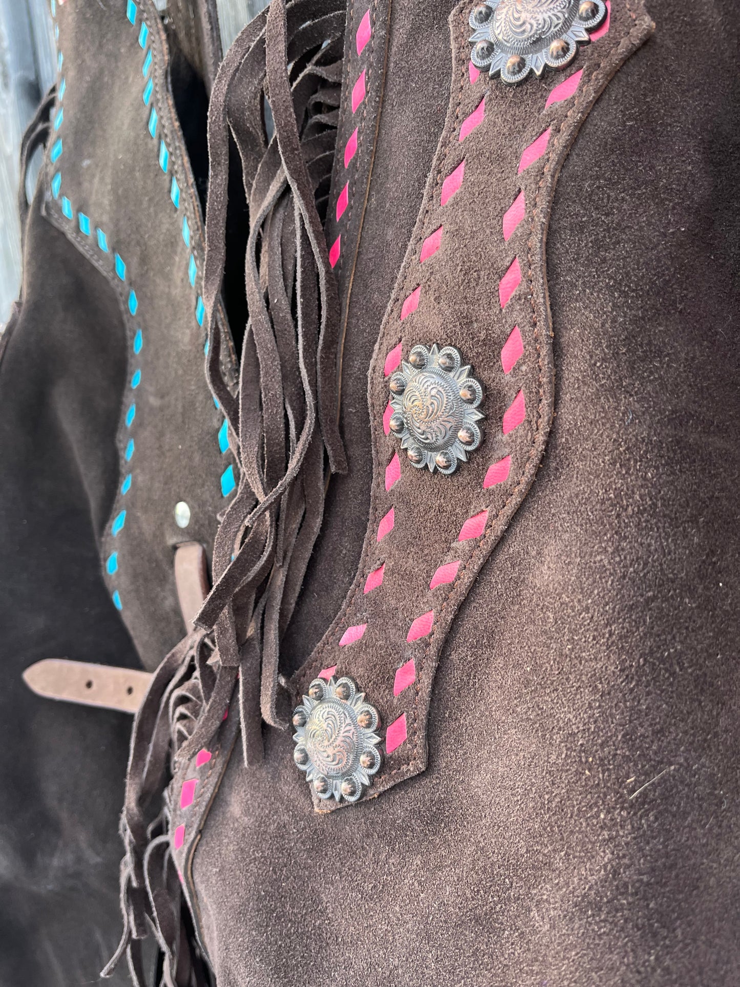 Teal and pink buckstitch Chocolate suede chinks Roomy Medium / 36