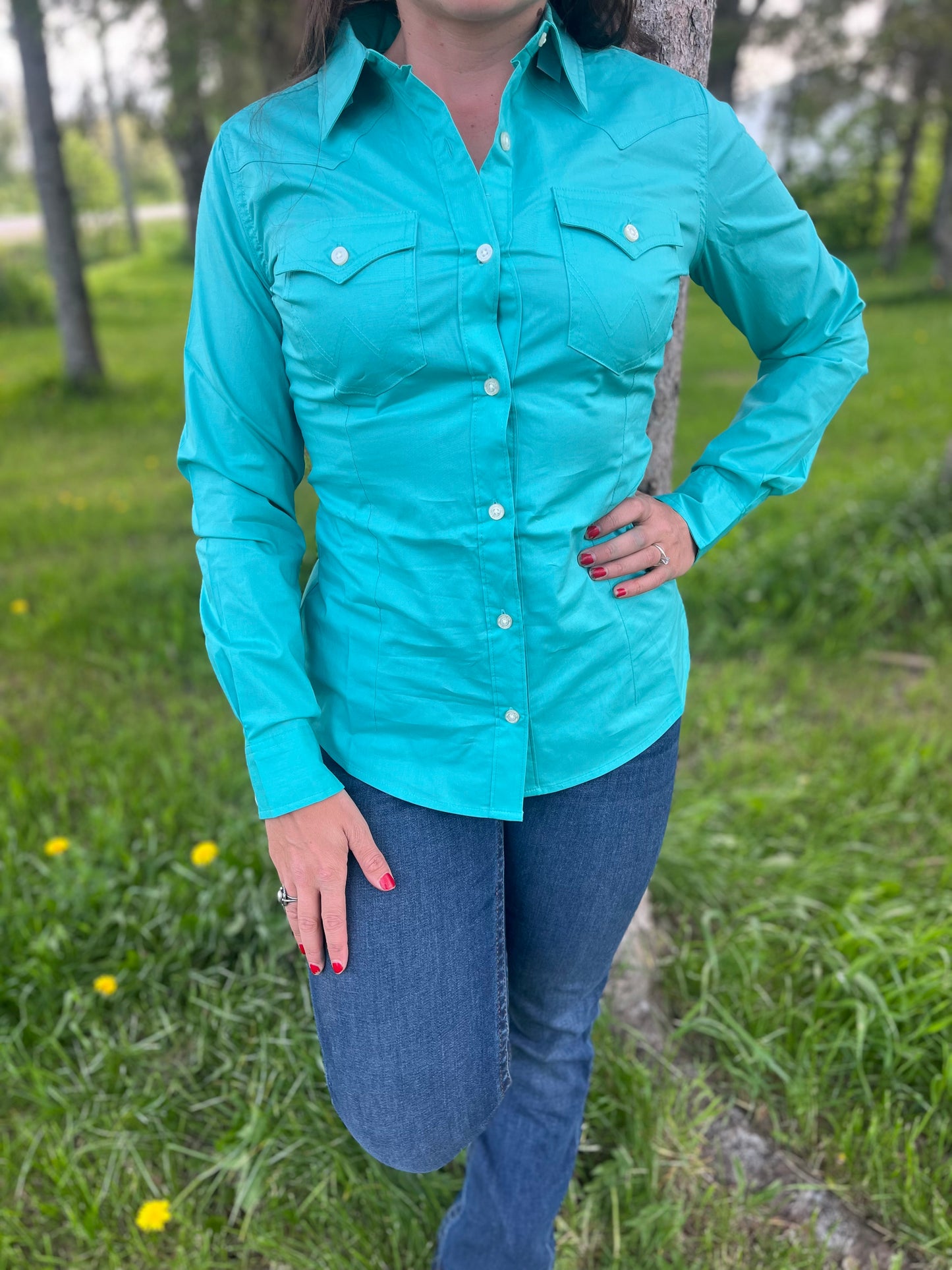 Wrangler retro long sleeve button up turquoise shirt