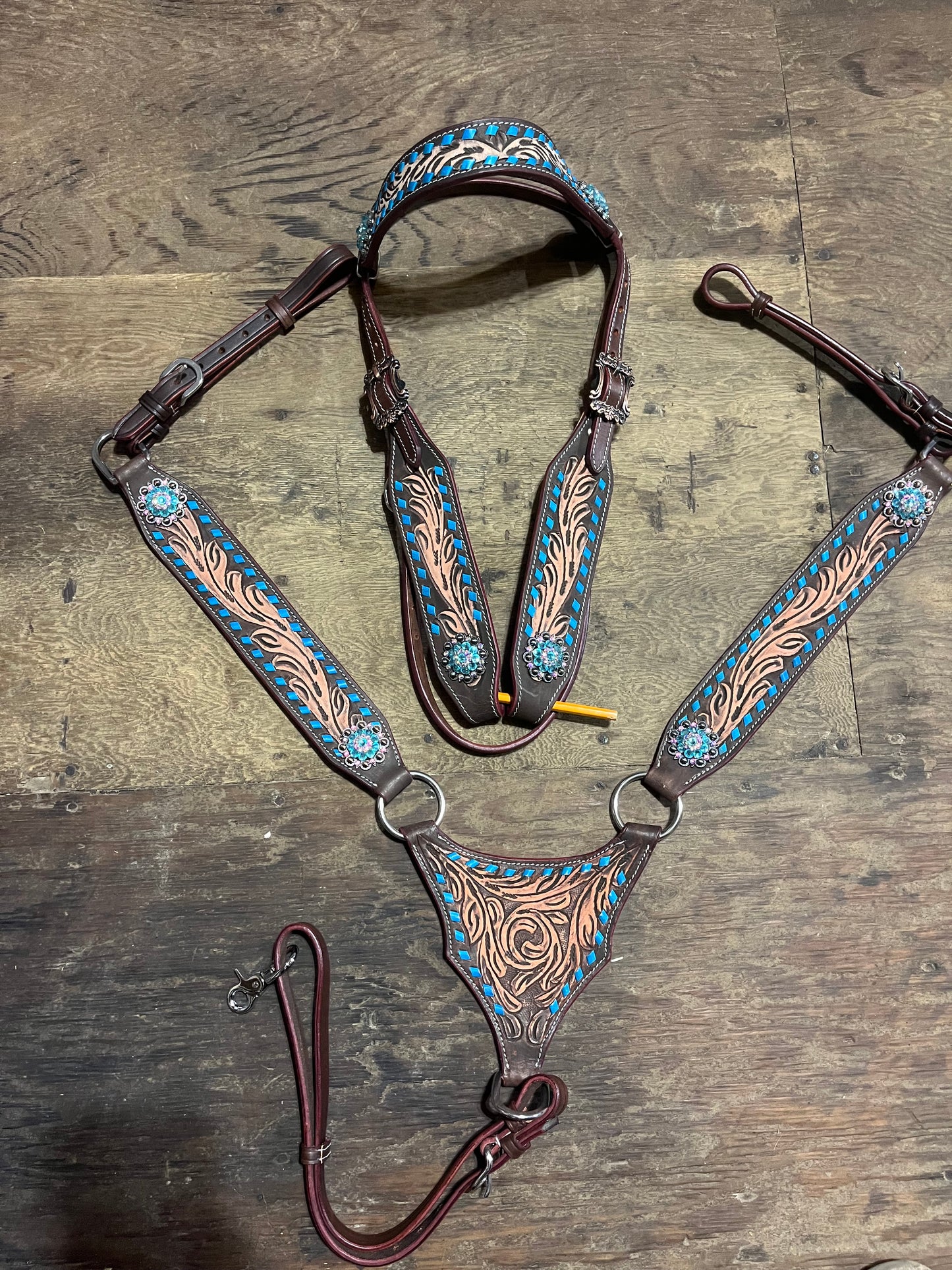 Teal buckstitch gladiator browband tack set