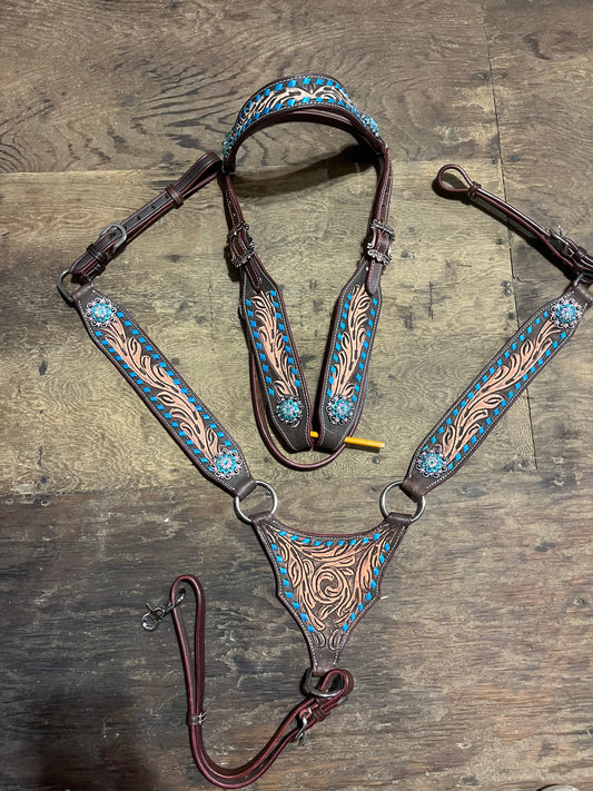 Teal buckstitch gladiator browband tack set