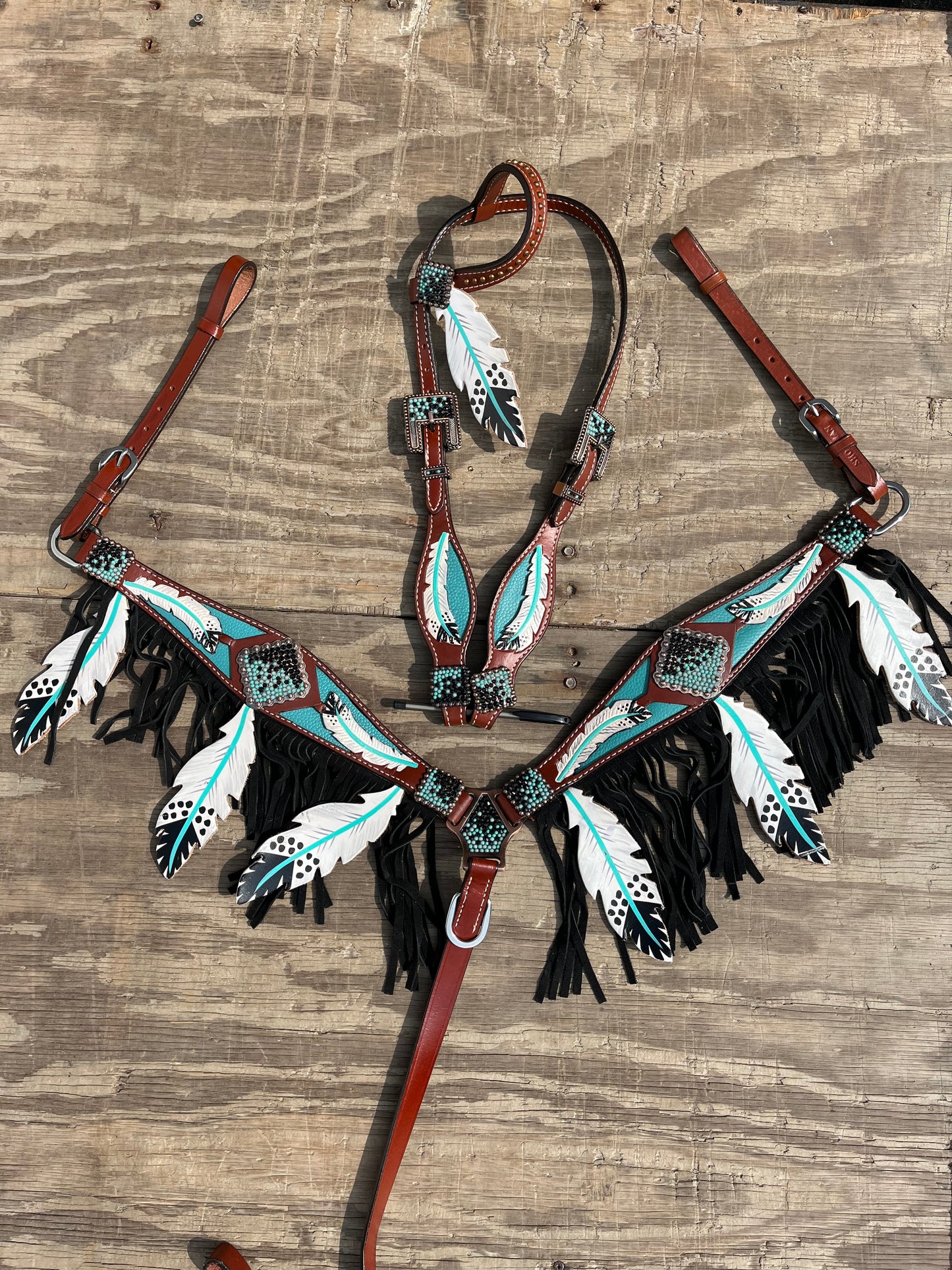 Teal 3D feather tack set with fringe