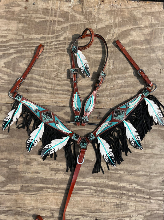 Teal 3D feather tack set with fringe