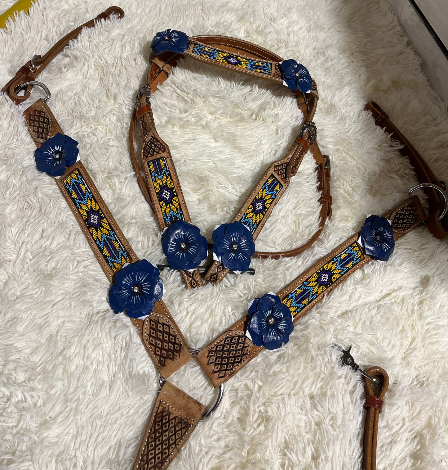 Beaded tack set (flowers on bit rings were taken off and swapped with conchos).