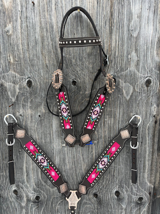 Beaded pink and teal one ear tack set