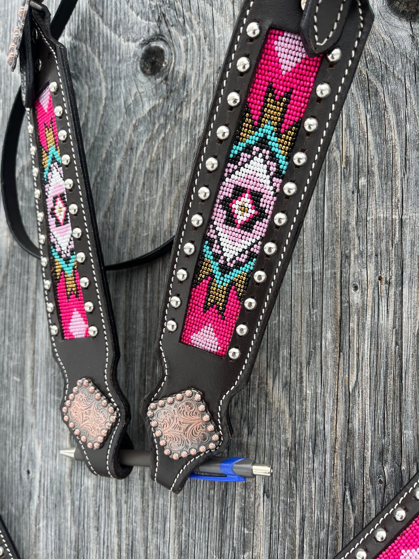 Beaded pink and teal one ear tack set