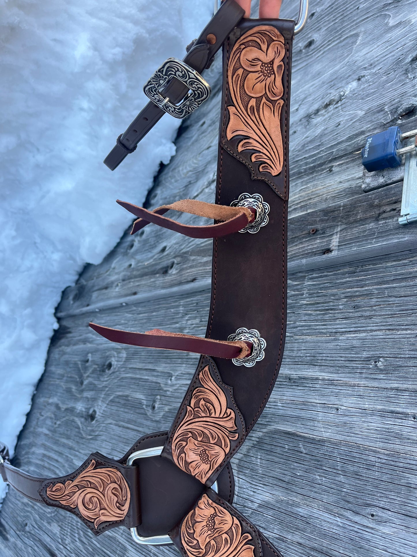 One ear tooled with slot concho tack set