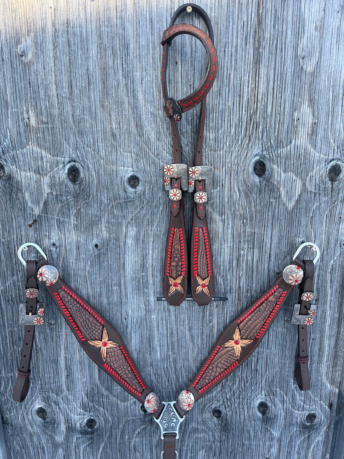 Red whipstitch one ear tack set