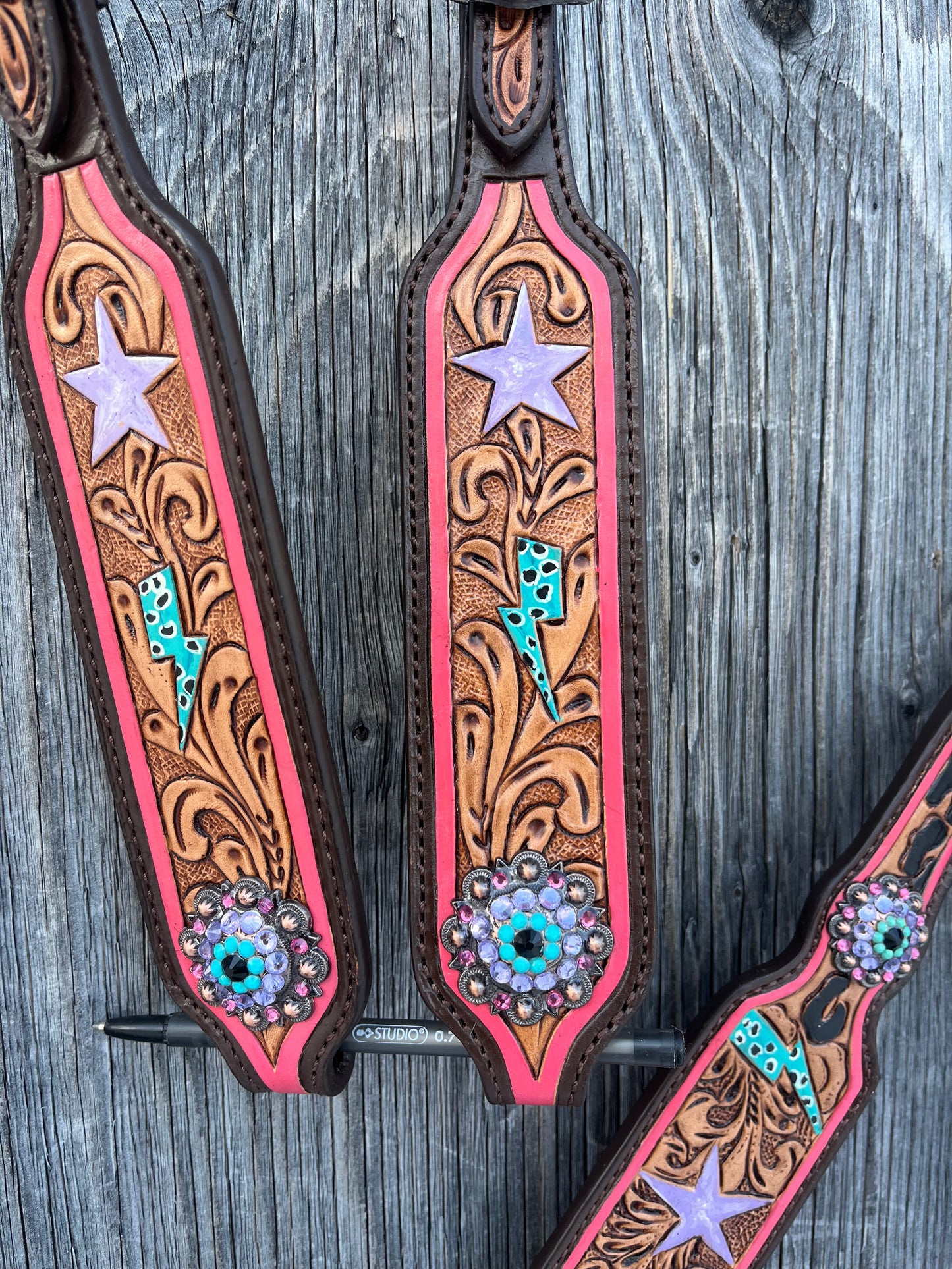 Star an lightning pink teal and purple one ear tack set