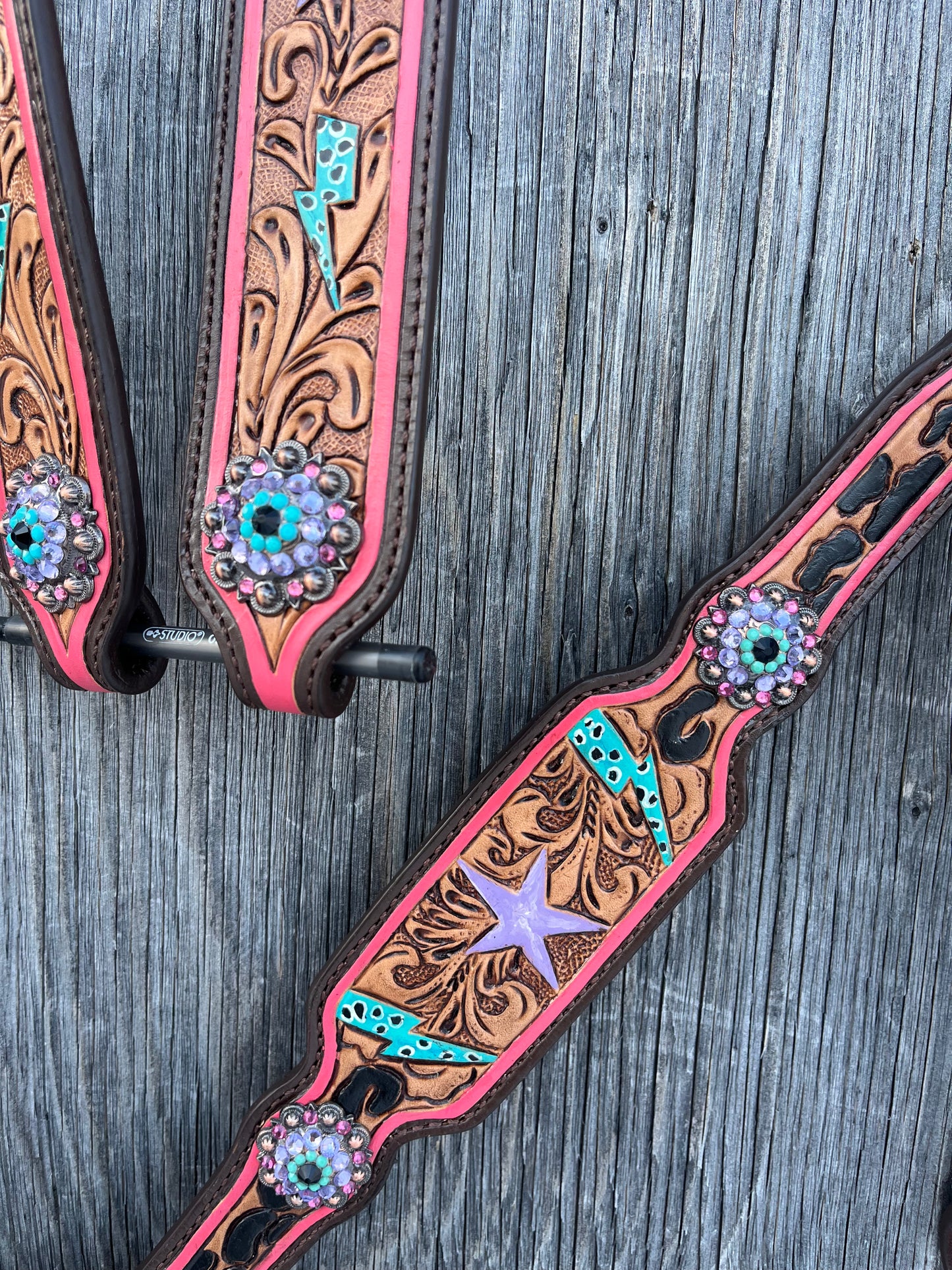 Star an lightning pink teal and purple one ear tack set