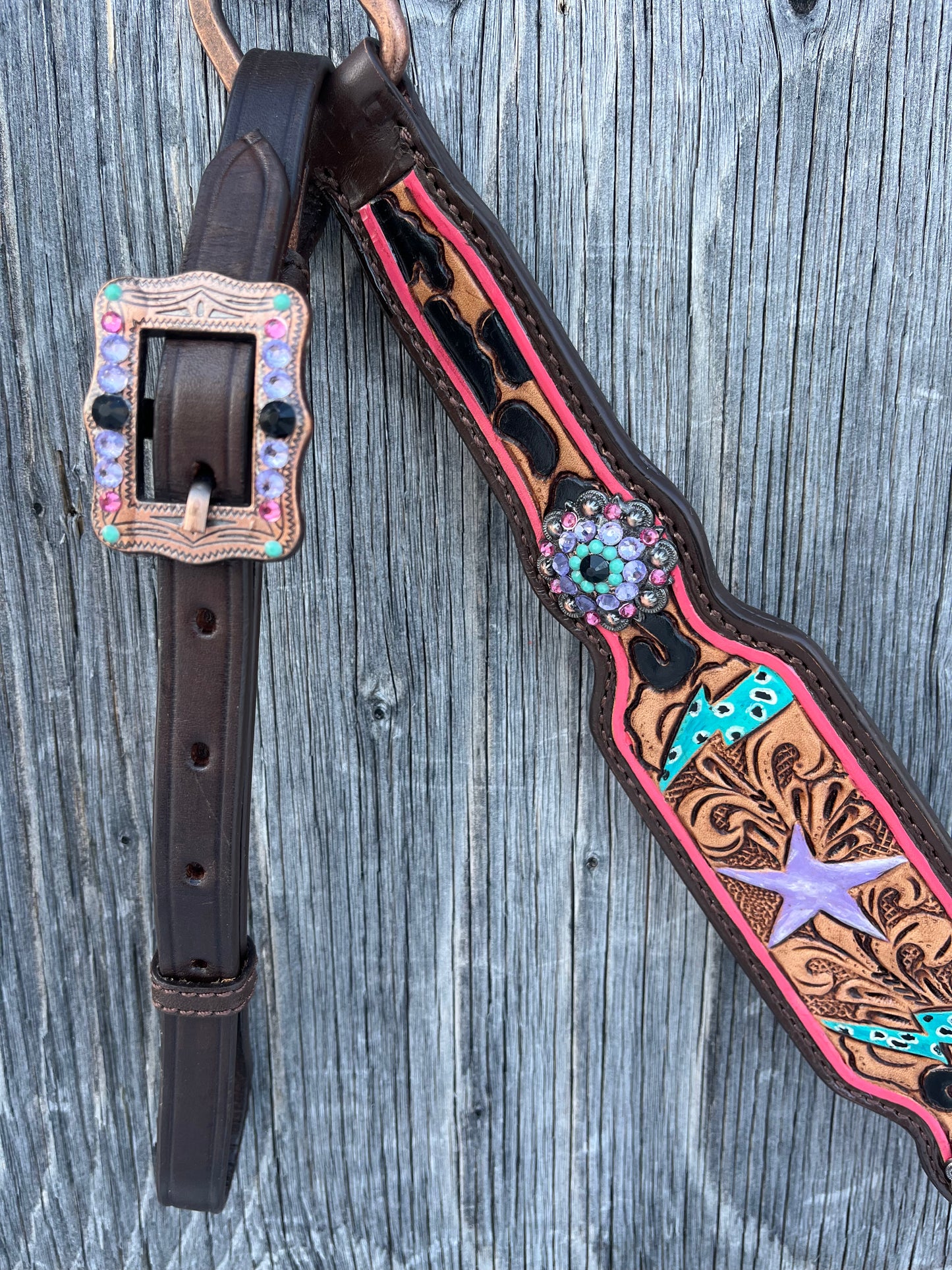 Star an lightning pink teal and purple one ear tack set