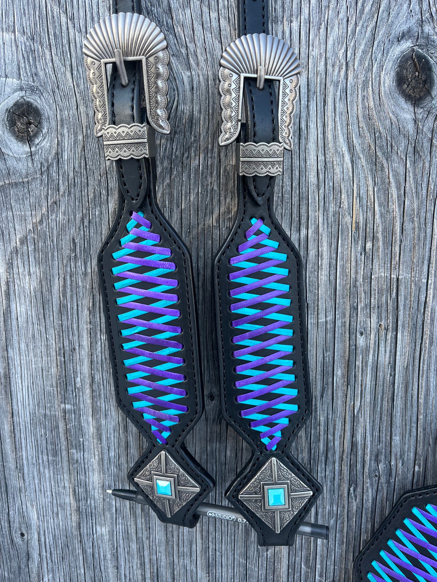 Black leather with blue stitching tack set