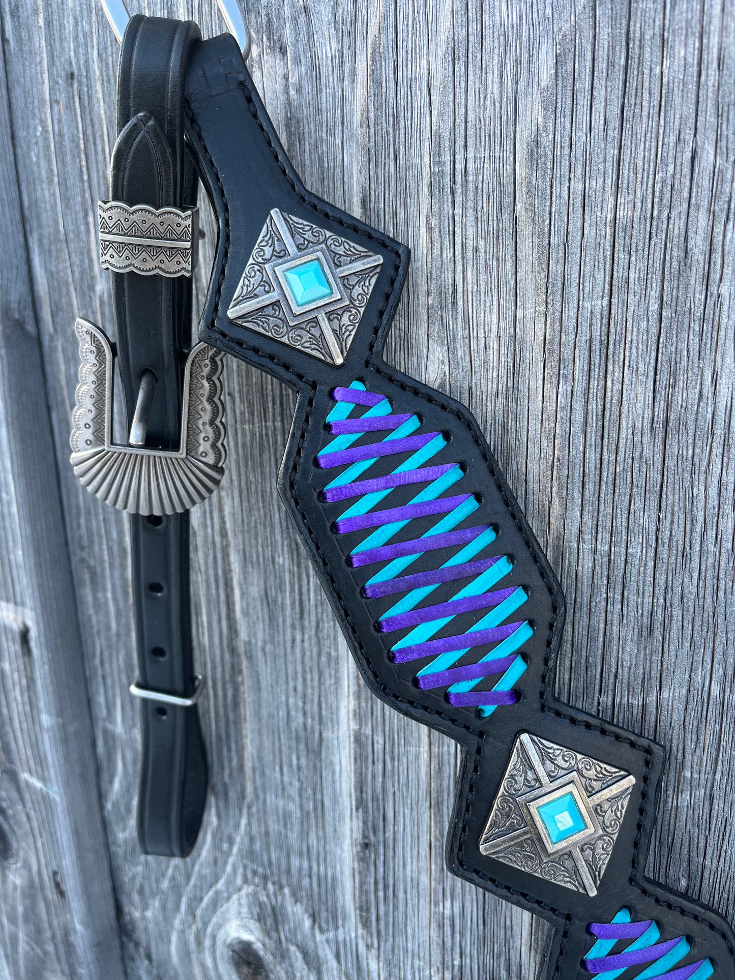 Black leather with blue stitching tack set