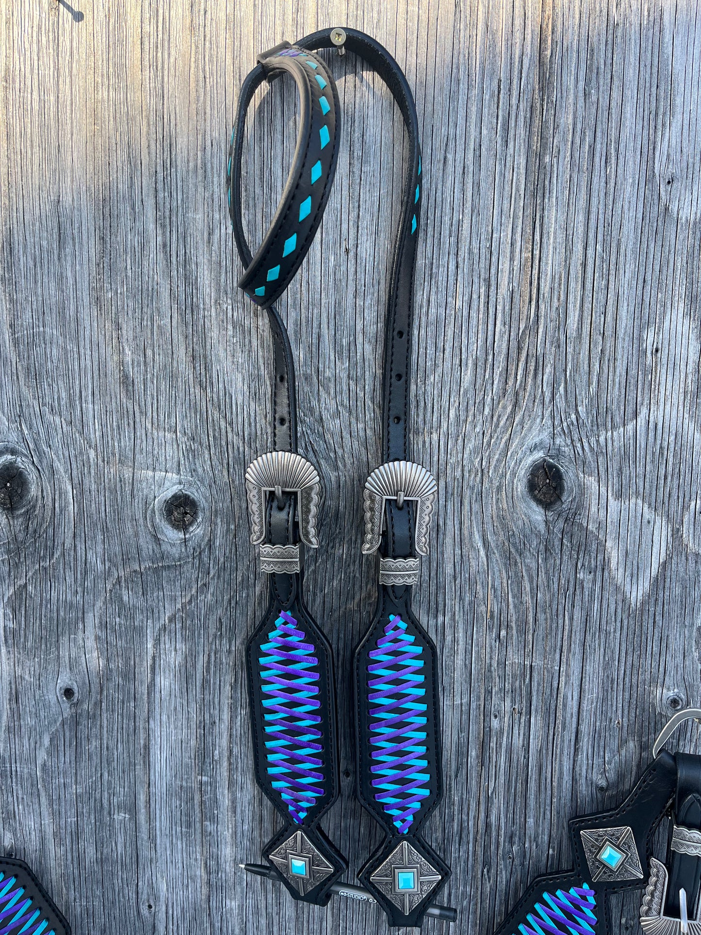 Black leather with blue stitching tack set