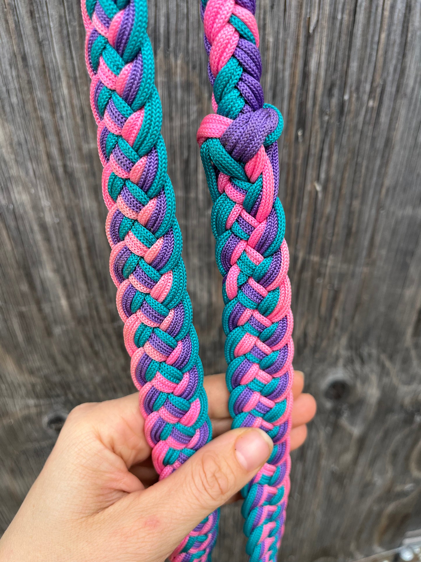 Purple pink teal barrel reins with snaps