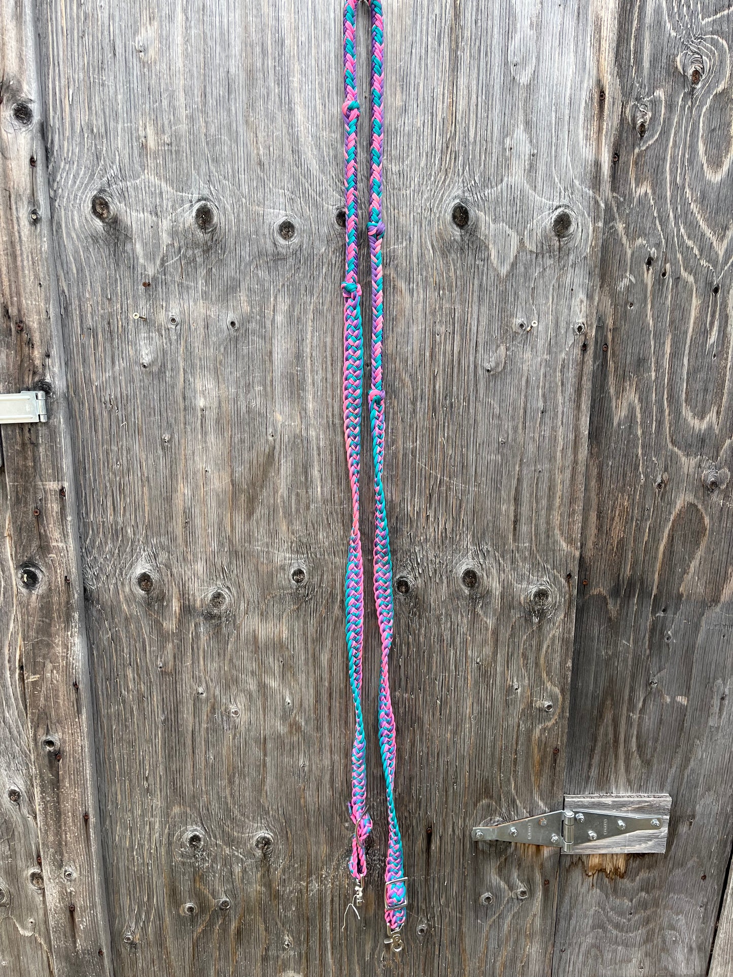 Purple pink teal barrel reins with snaps