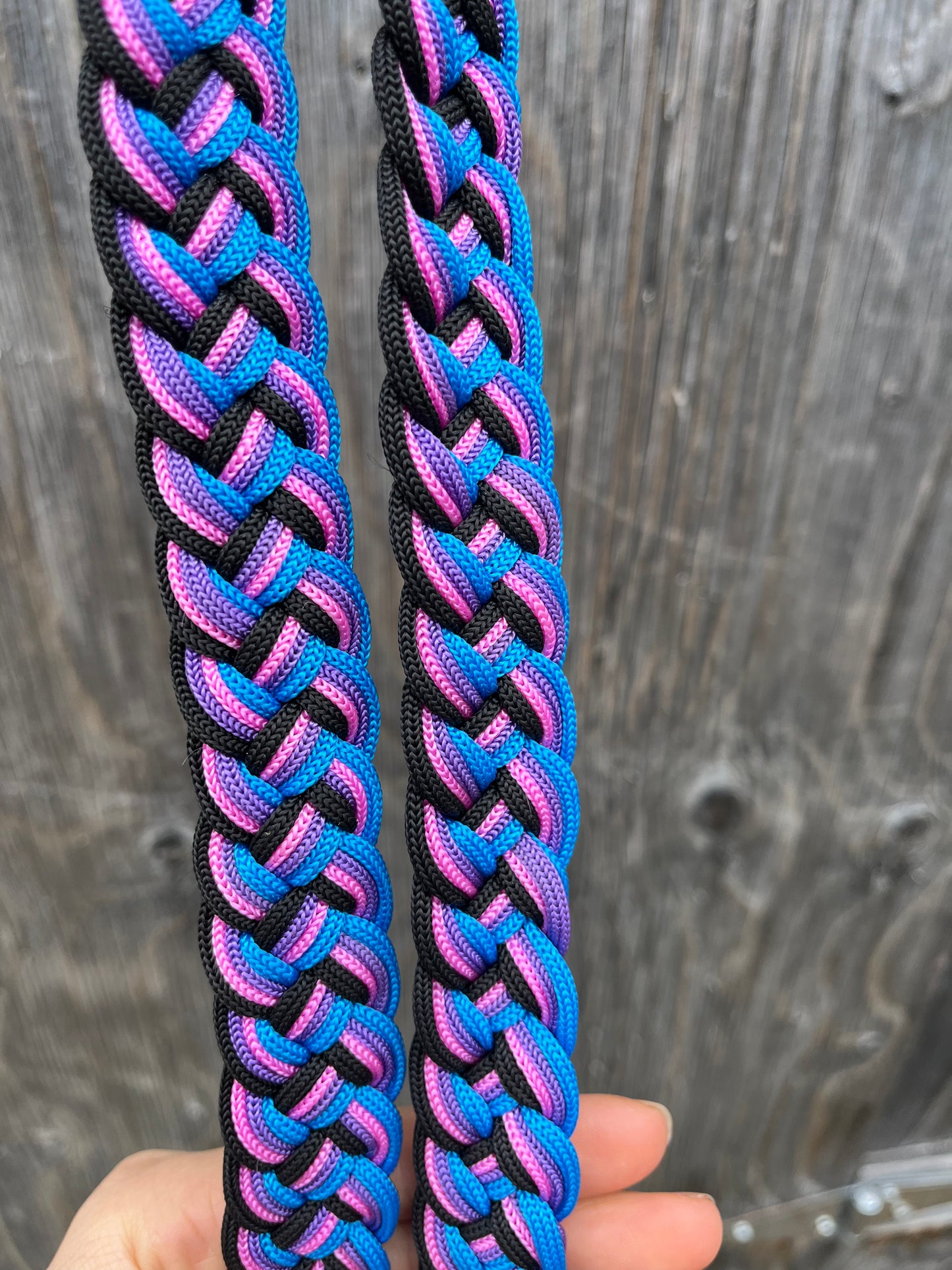 Pink purple black blue barrel reins with snaps