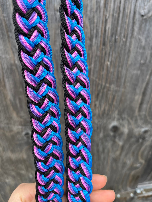 Pink purple black blue barrel reins with snaps