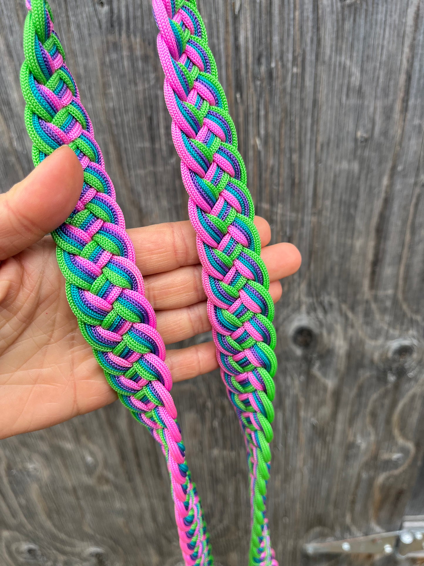 Green purple teal pink barrel reins