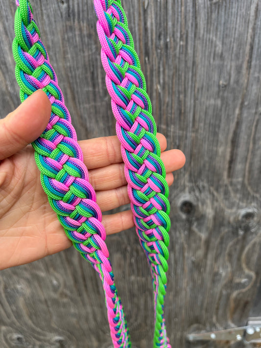 Green purple teal pink barrel reins