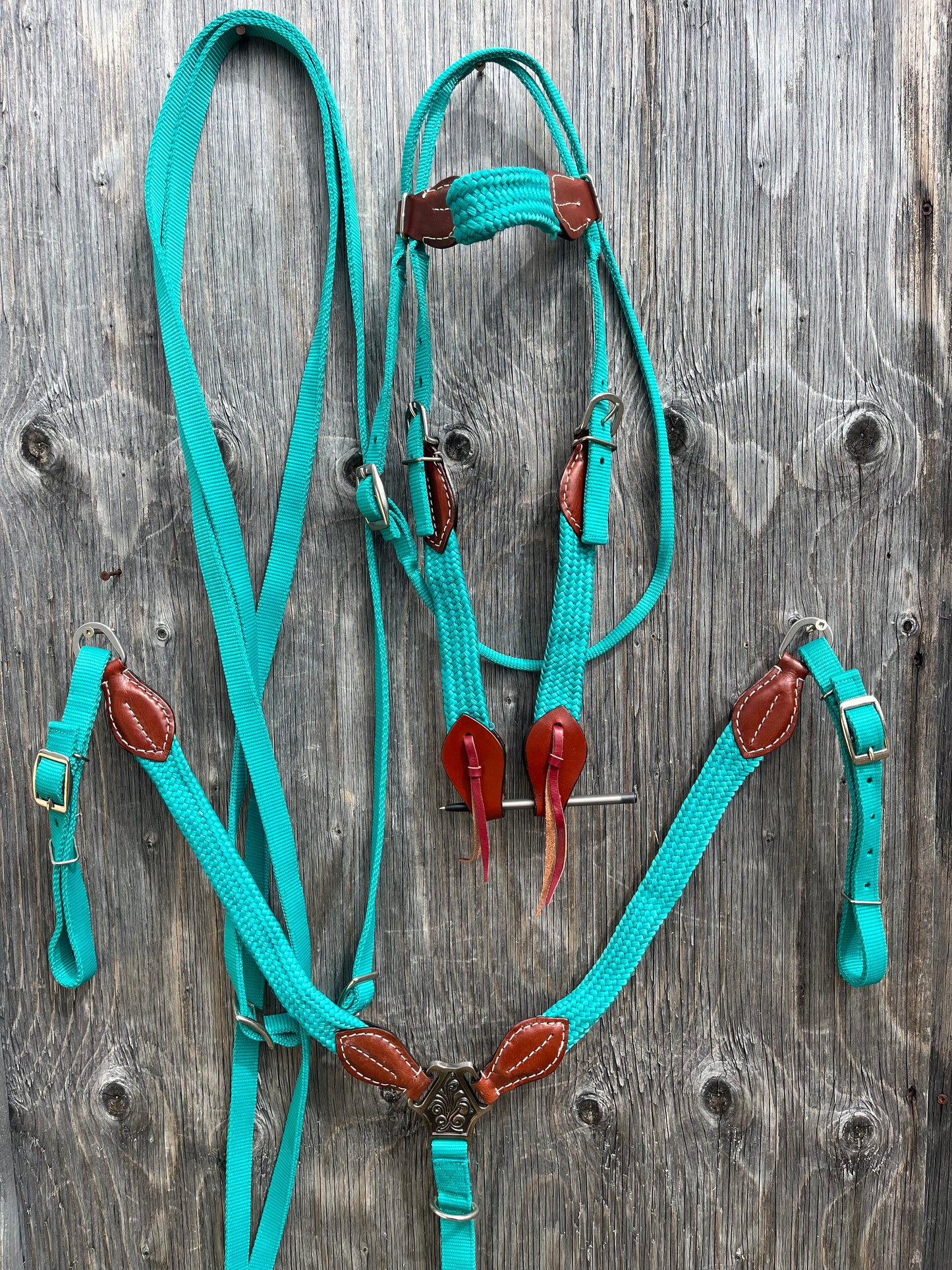 Teal nylon flat braided tack set with split reins
