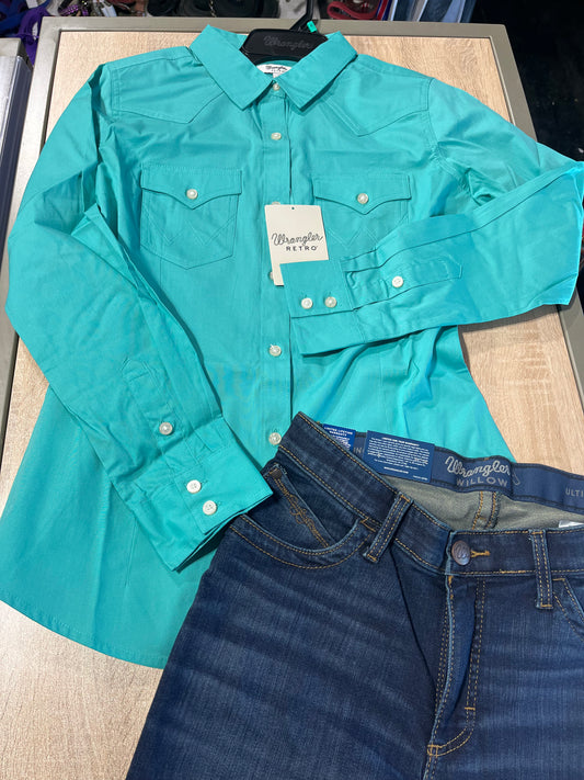 Wrangler retro long sleeve button up turquoise