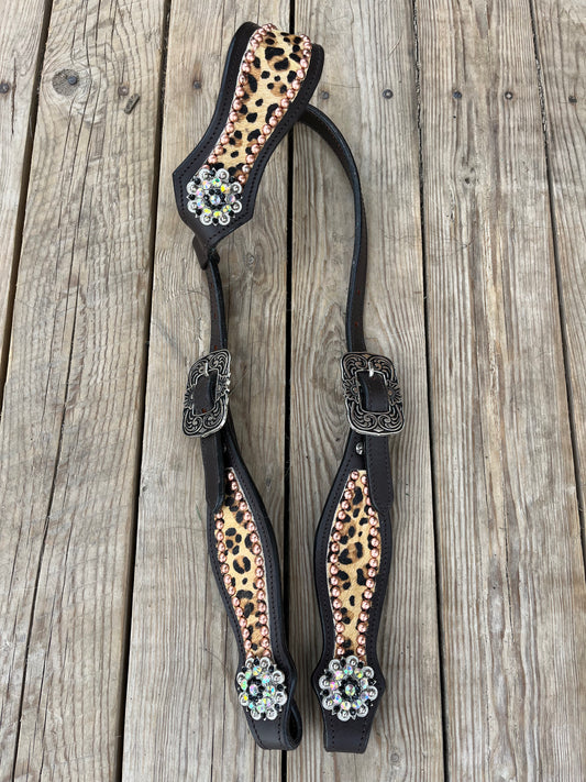 Copper chocolate cheetah one ear short cheek headstall