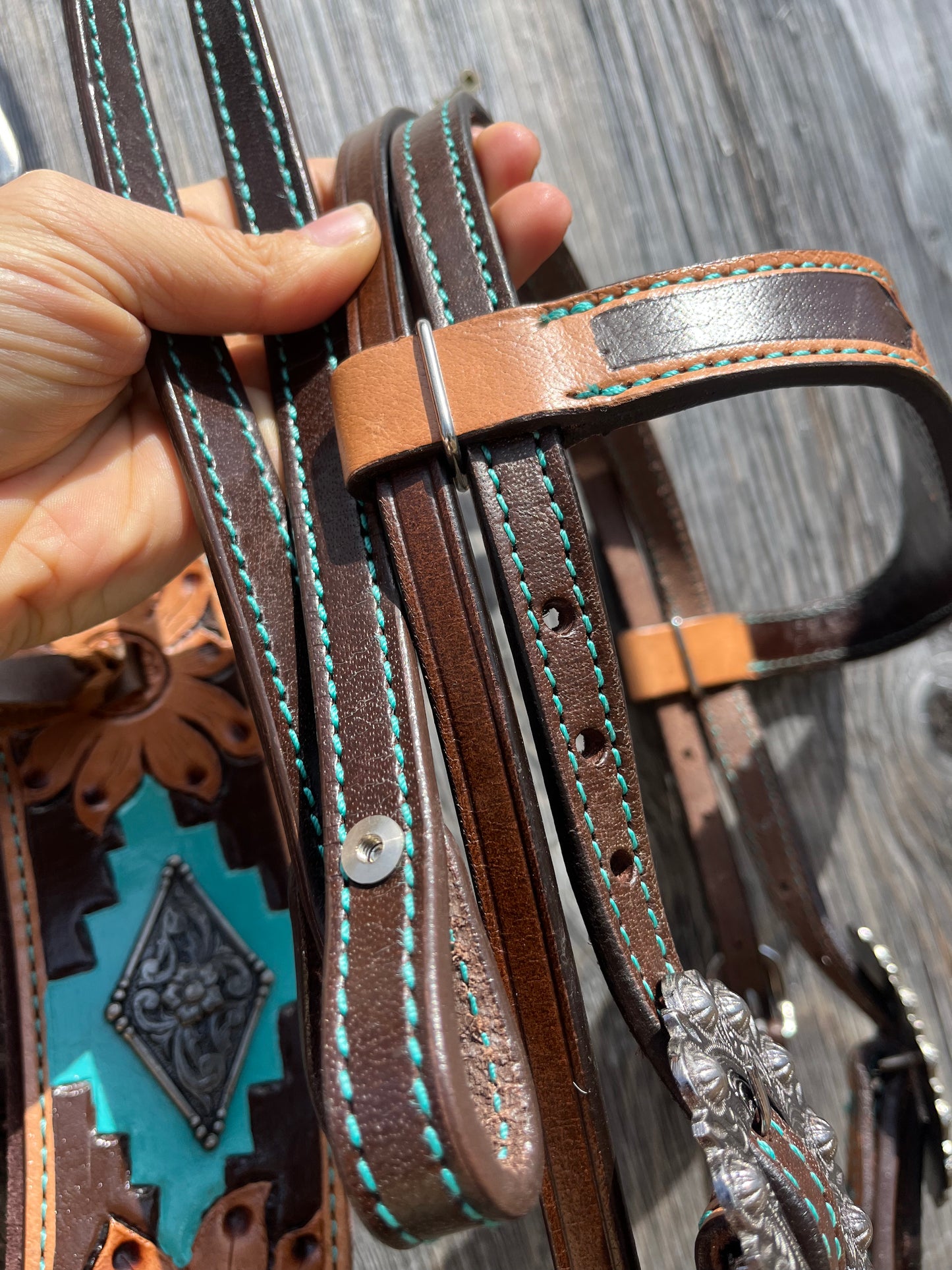 Turquoise sunflower tack set with browband headstall and tripping style breastplate with reins