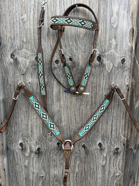 Beaded browband teal 3pc tack set with matching wither strap