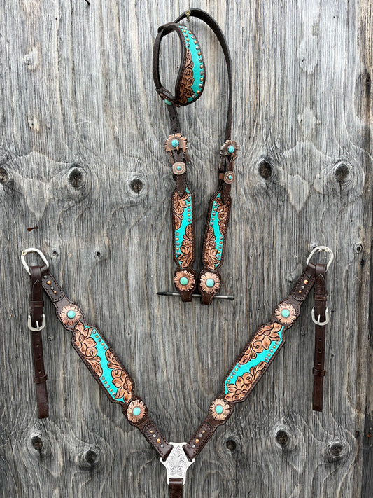 Teal sunflower one ear tack set