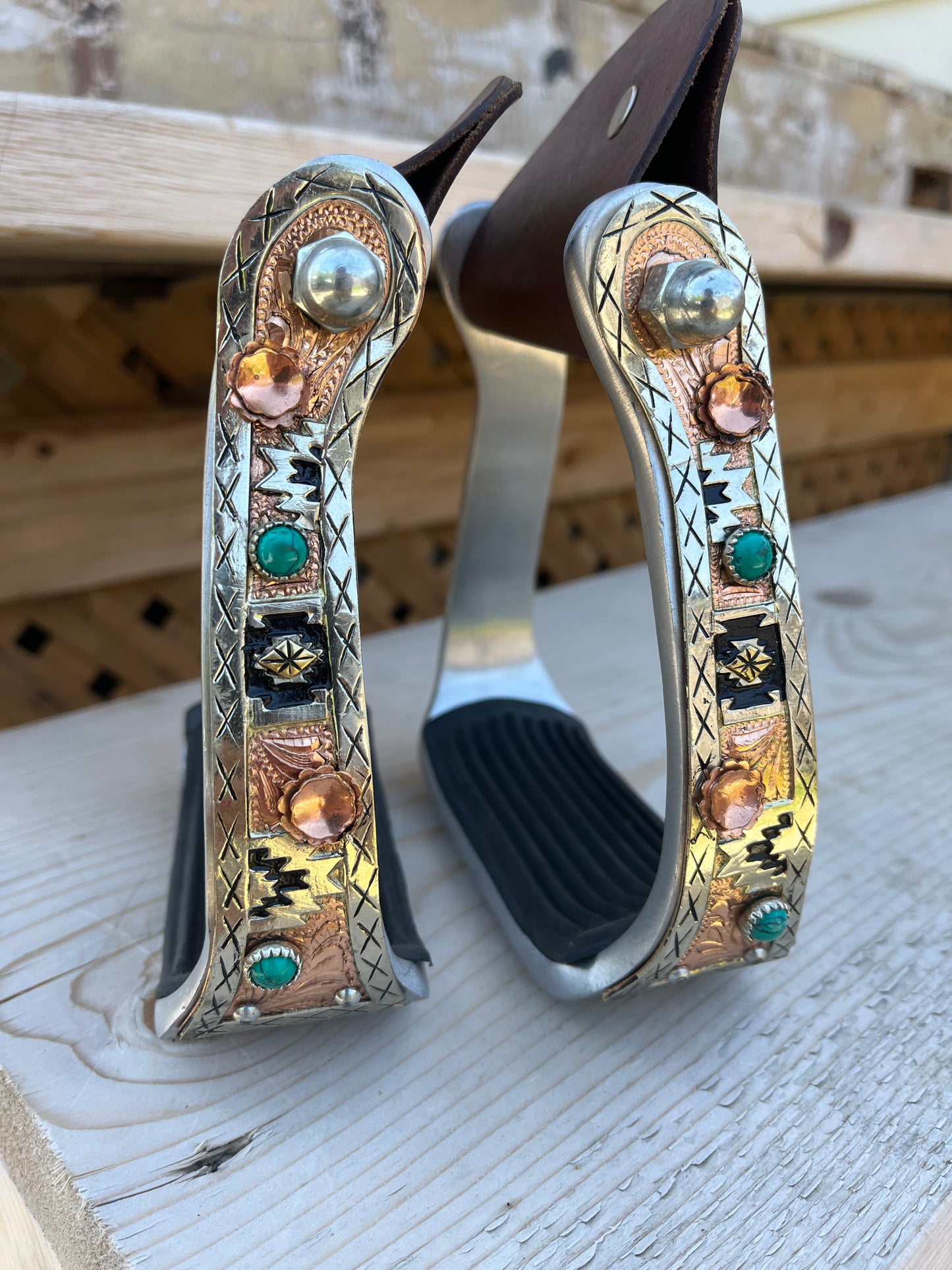 Copper engraved Aztec barrel stirrups