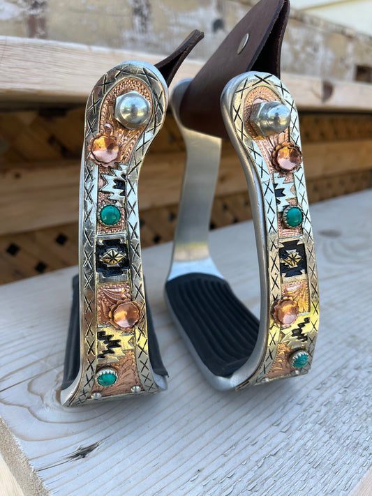 Copper engraved Aztec barrel stirrups